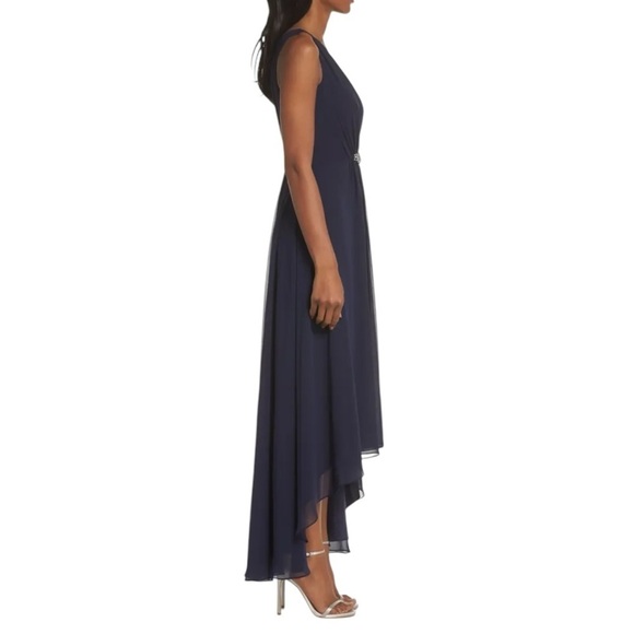 Eliza J Embellished High Low Chiffon Dress 10 Navy Blue - Picture 2 of 13
